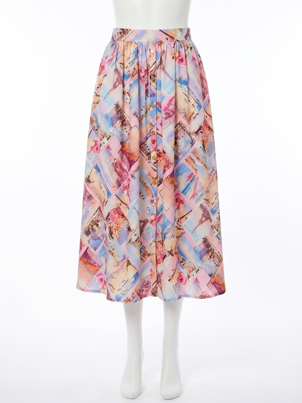 NEW L'AGENCE seina poplin midi skirt in pink multi postcard print